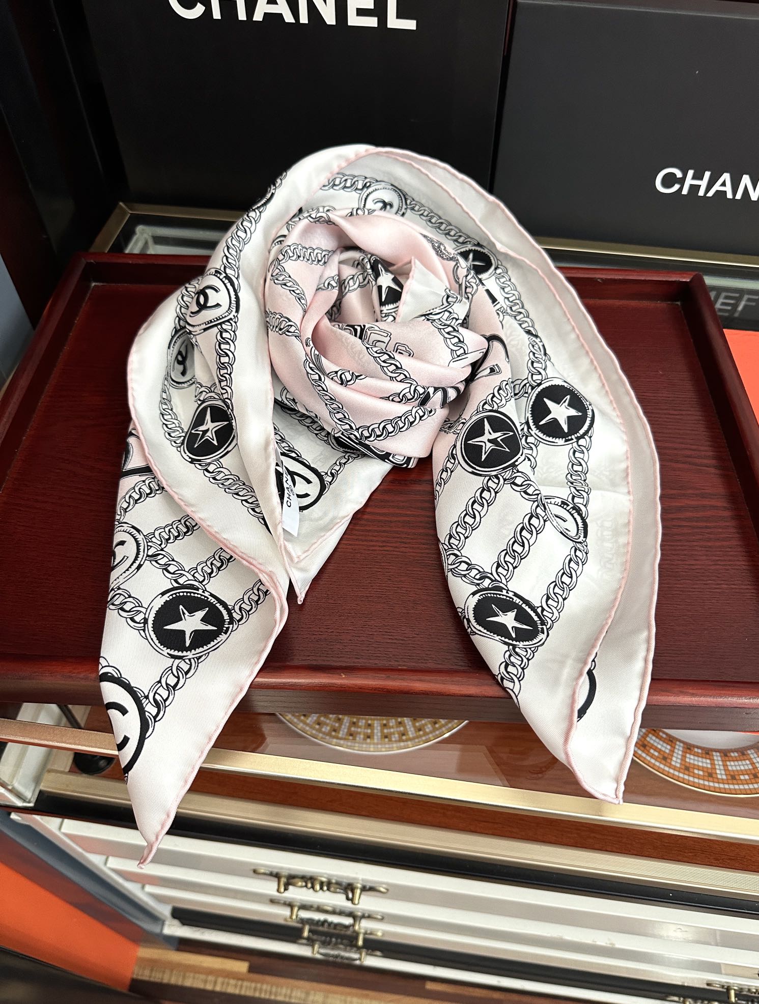 CC Square 90cm Pink White Silk Scarf 828798