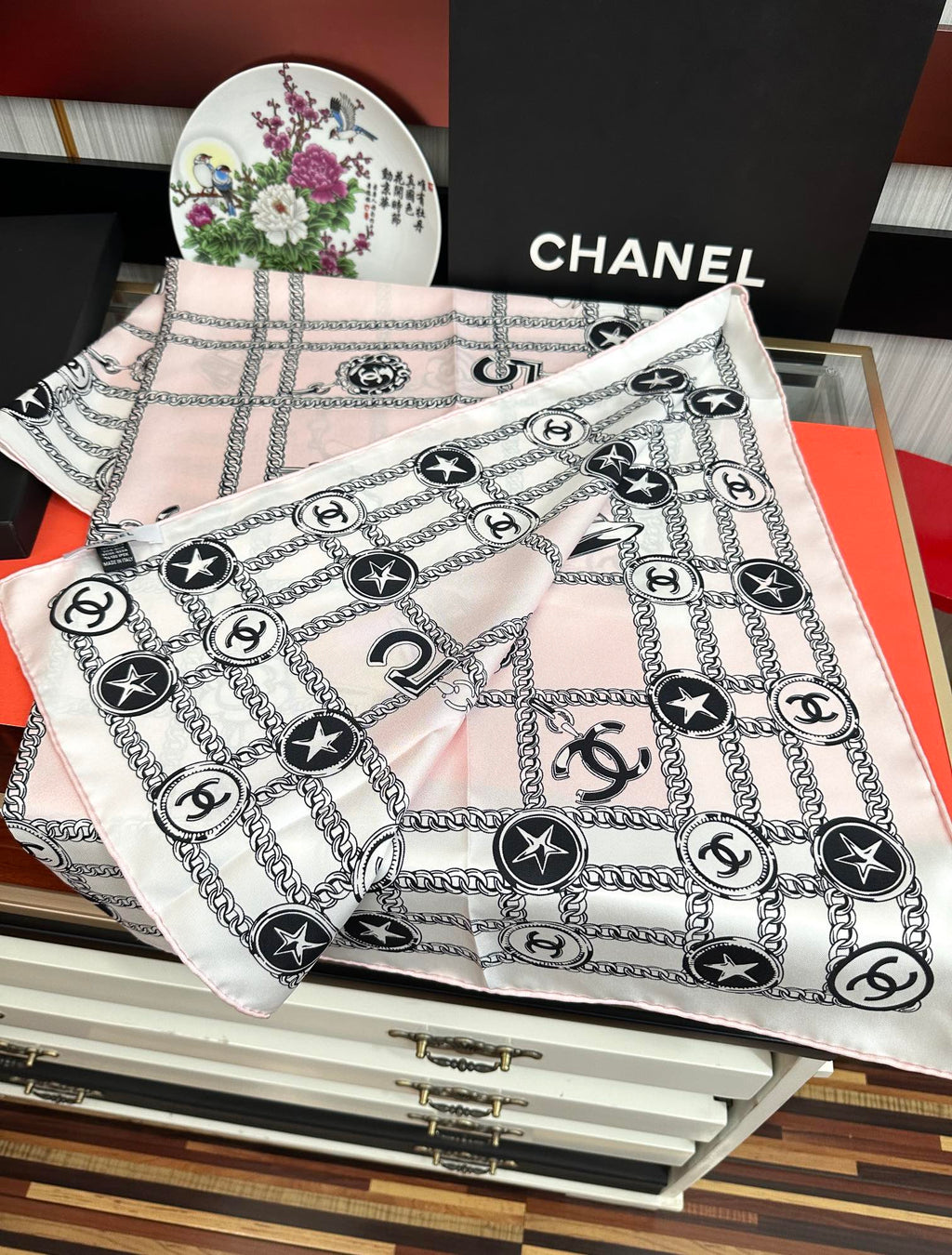 CC Square 90cm Pink White Silk Scarf 828798