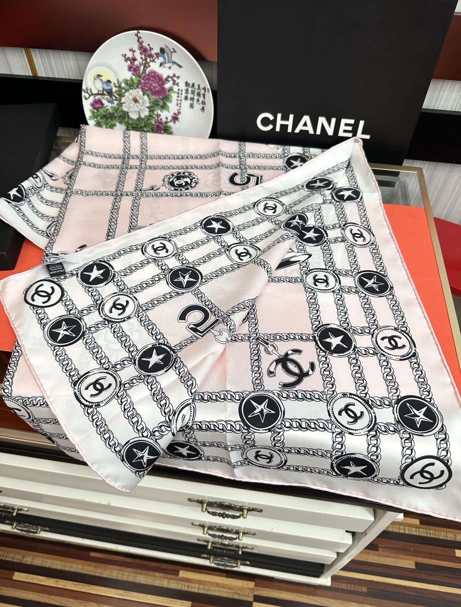 CC Square 90cm Pink White Silk Scarf 828798