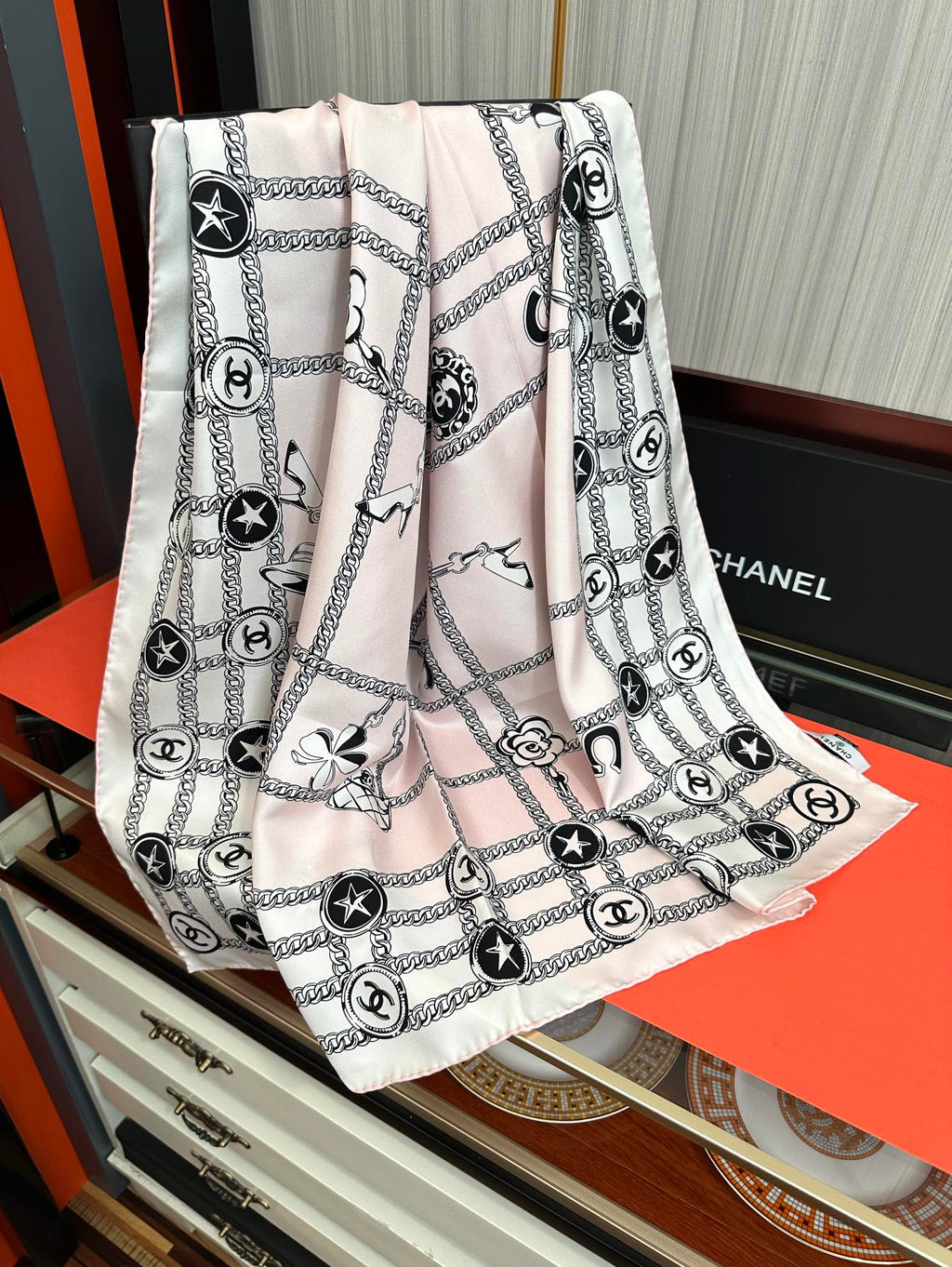 CC Square 90cm Pink White Silk Scarf 828798