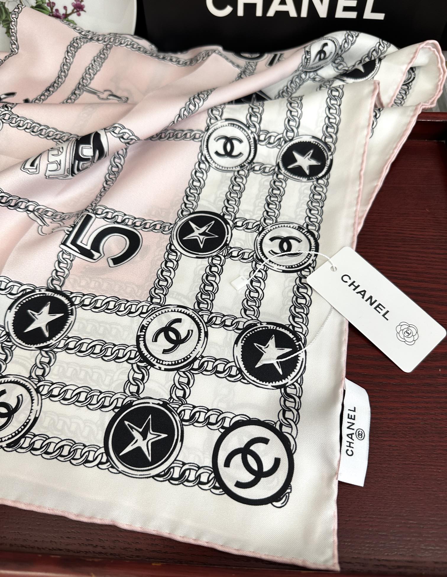 CC Square 90cm Pink White Silk Scarf 828798
