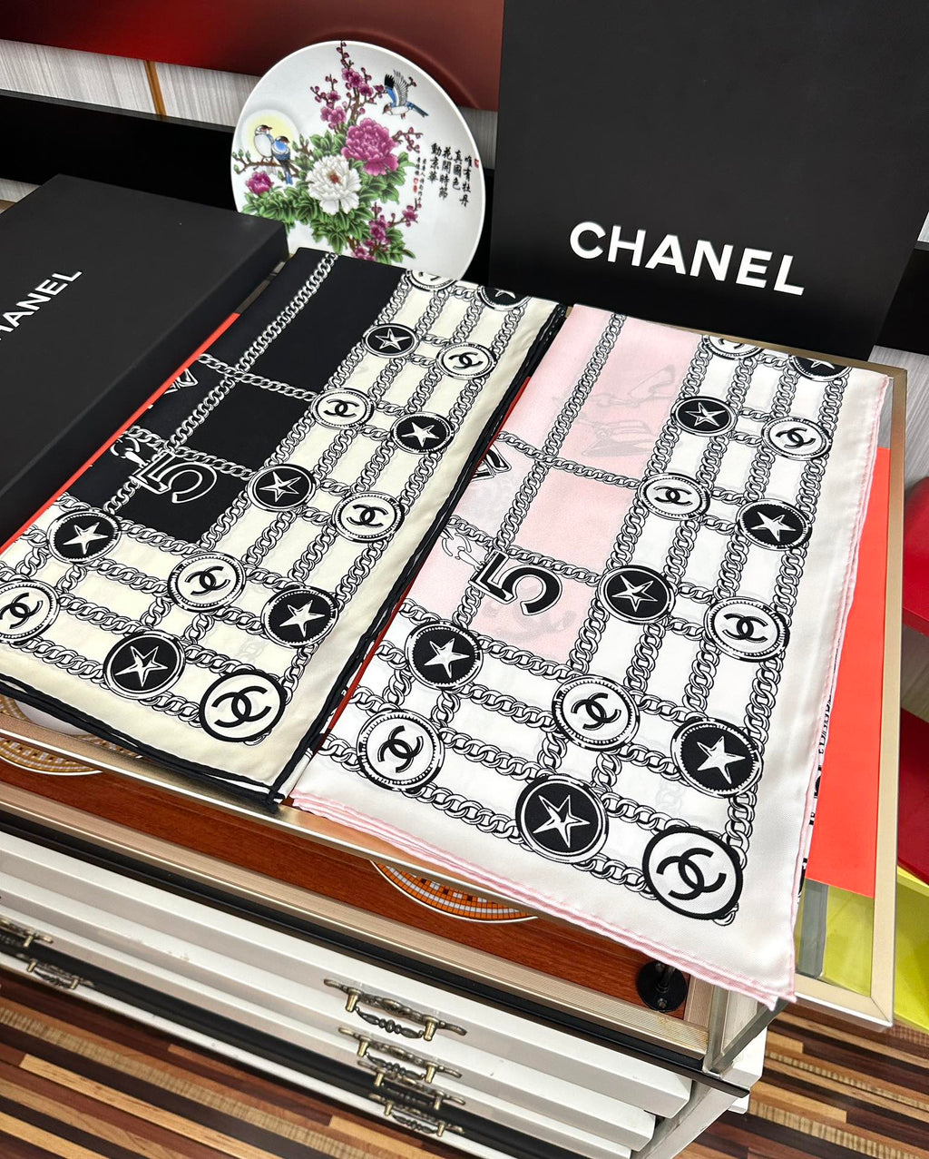 CC Square 90cm Black White Silk Scarf 828797