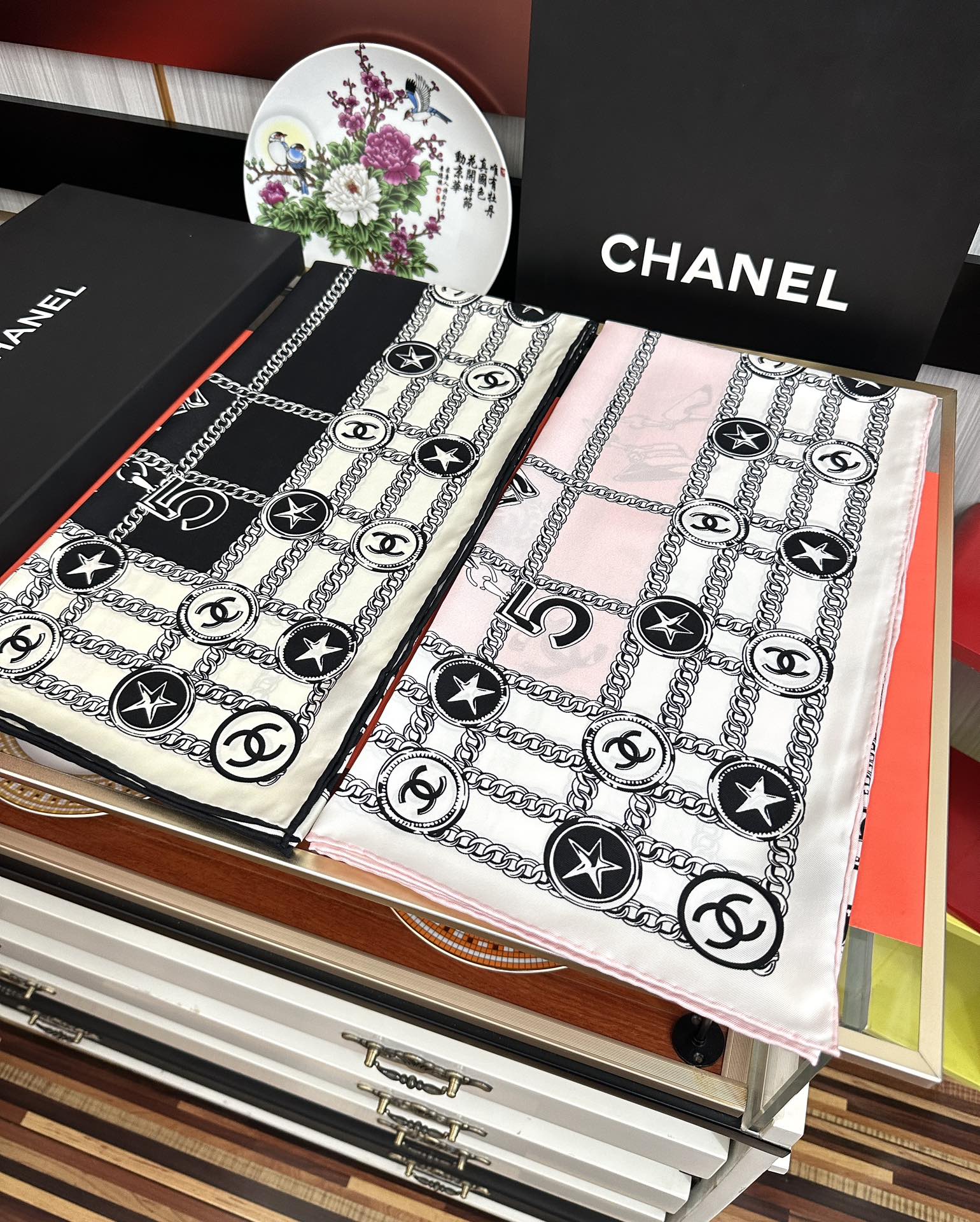 CC Square 90cm Black White Silk Scarf 828797