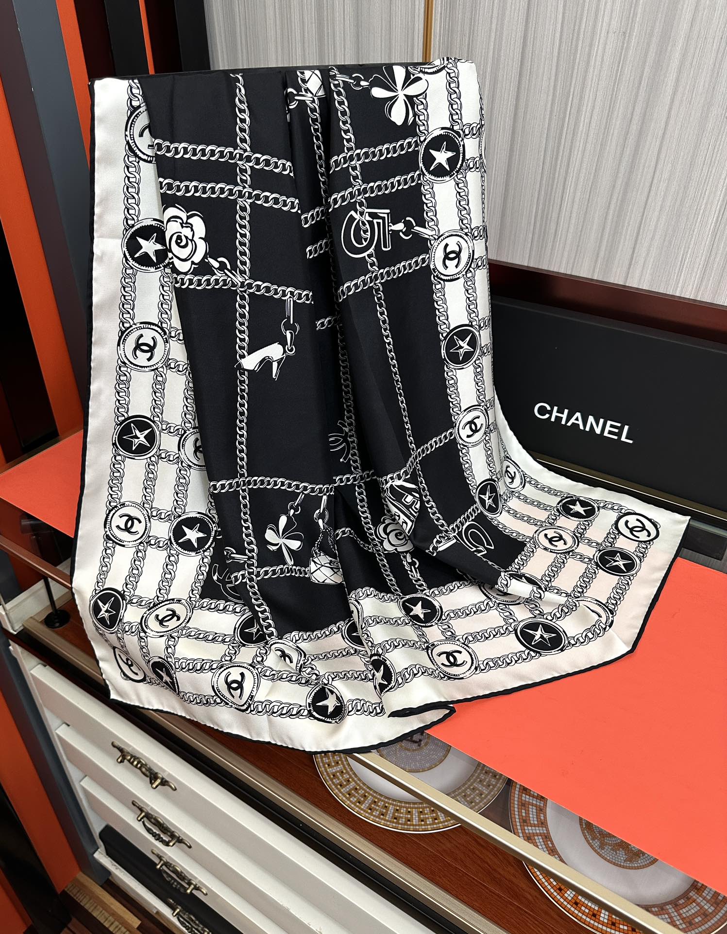 CC Square 90cm Black White Silk Scarf 828797