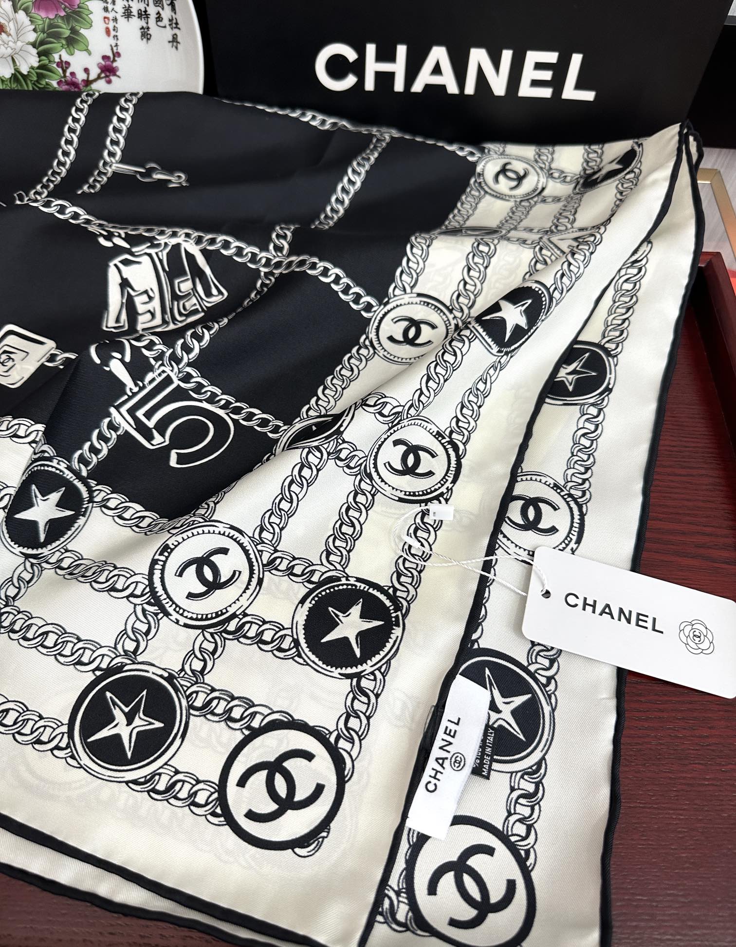 CC Square 90cm Black White Silk Scarf 828797