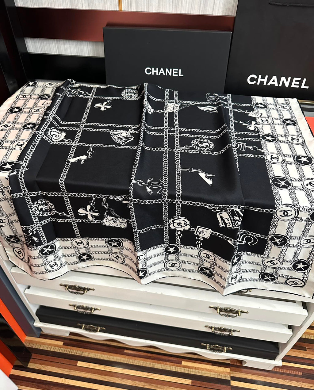 CC Square 90cm Black White Silk Scarf 828797