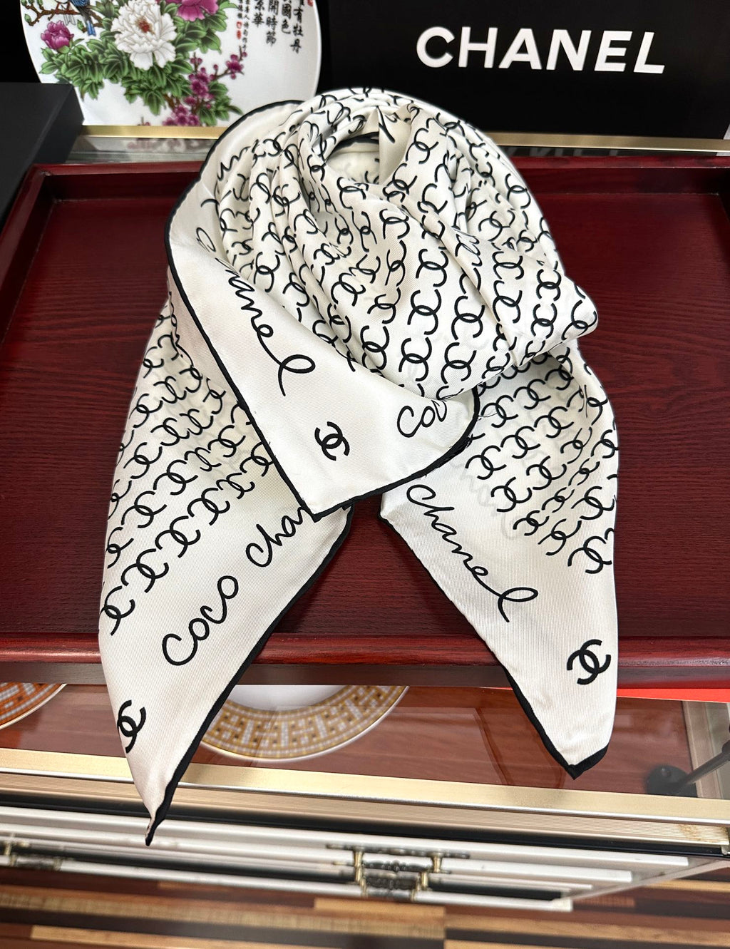CC Square 90cm Double C White Silk Scarf 828790