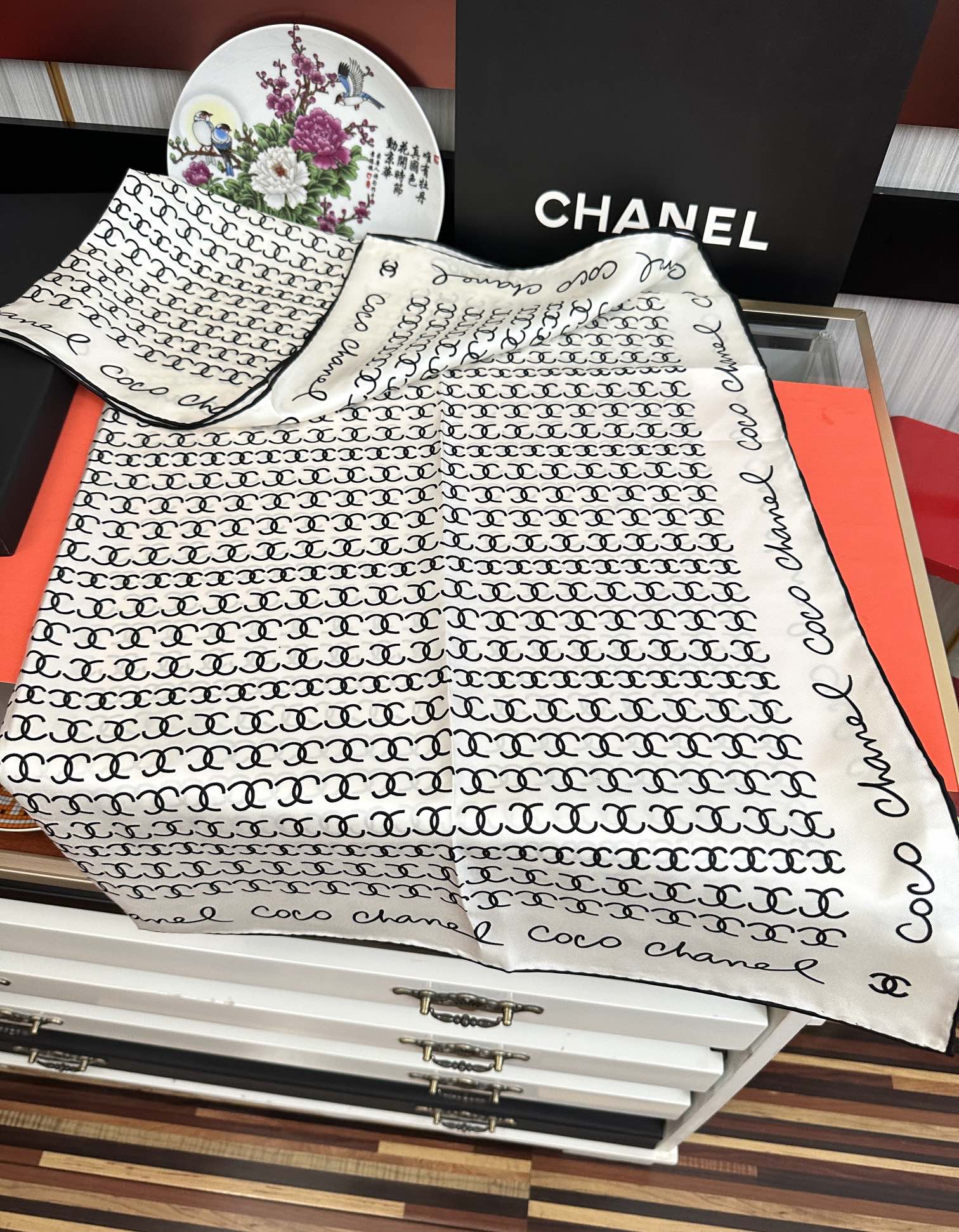 CC Square 90cm Double C White Silk Scarf 828790