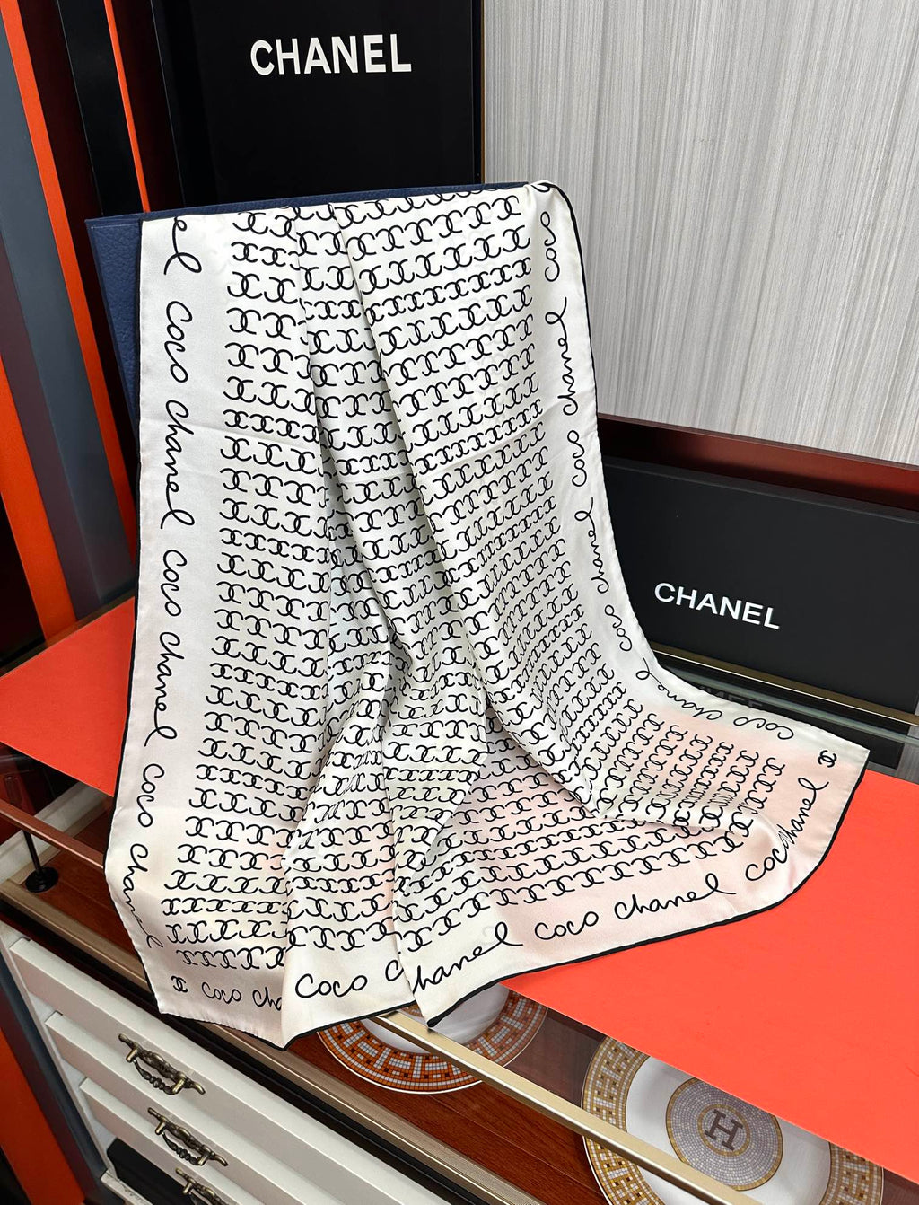 CC Square 90cm Double C White Silk Scarf 828790