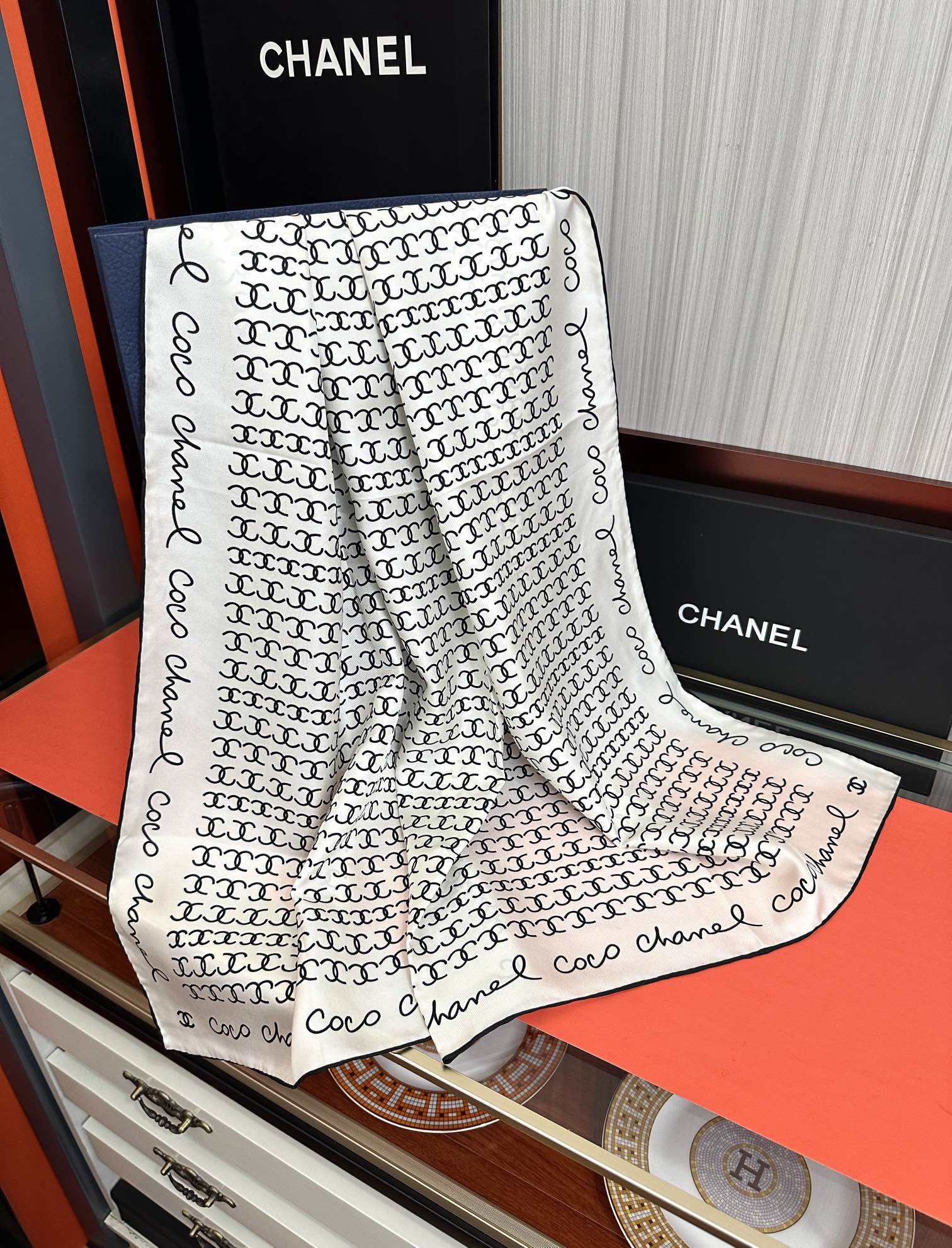 CC Square 90cm Double C White Silk Scarf 828790