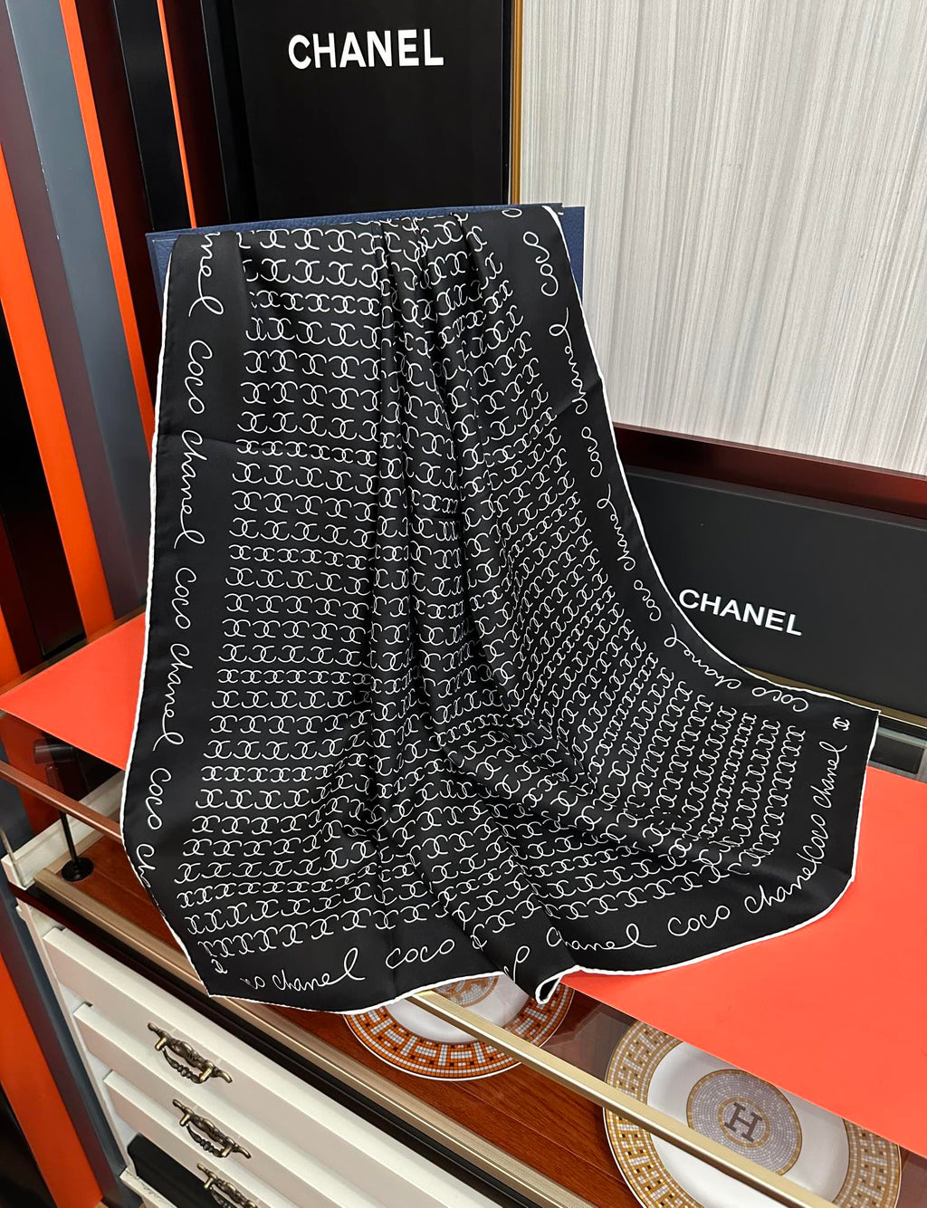 CC Square 90cm Double C Black Silk Scarf 828789