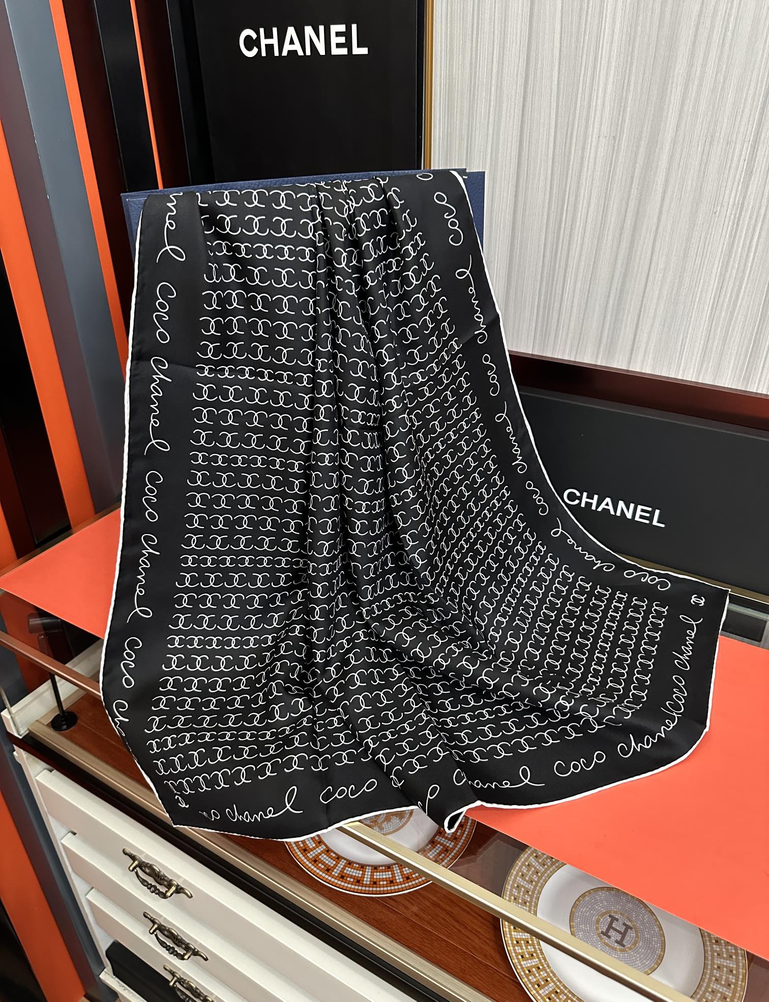CC Square 90cm Double C Black Silk Scarf 828789