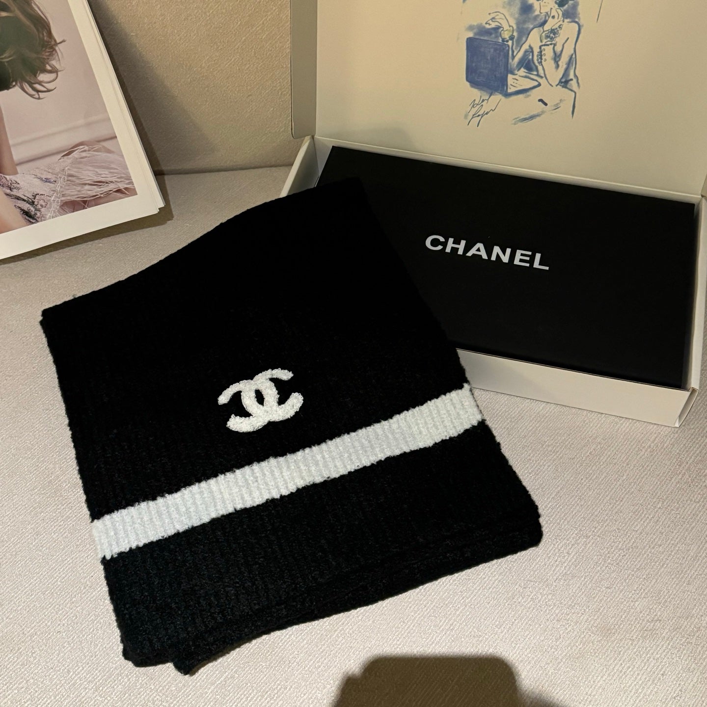 CC Knitted Long Scarf 170cm Black Cashmere 828767