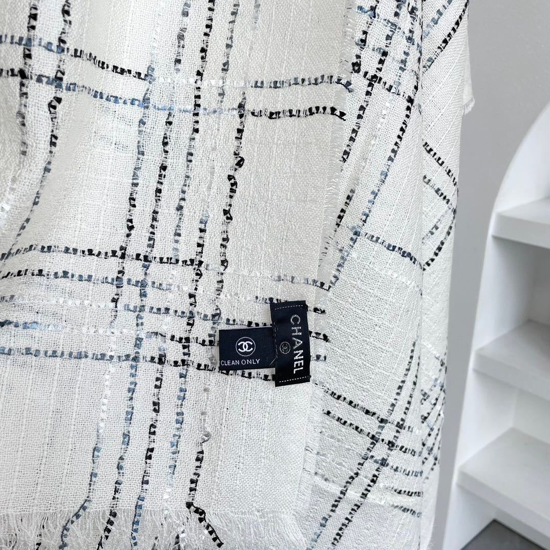 CC Plaid Long Scarf 200cm White Cashmere 828751