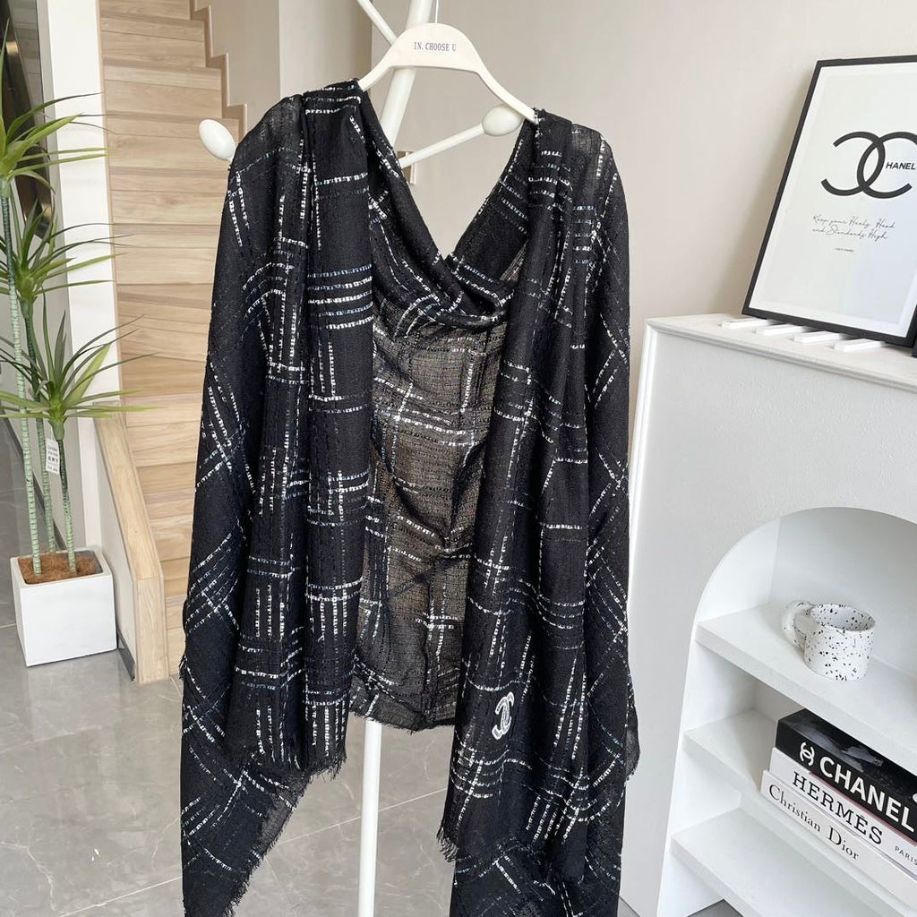 CC Plaid Long Scarf 200cm Black Cashmere 828750