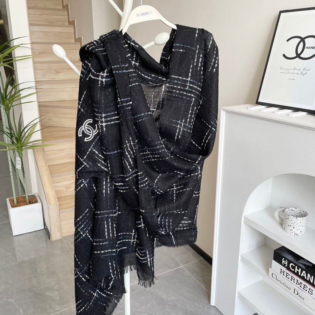 CC Plaid Long Scarf 200cm Black Cashmere 828750