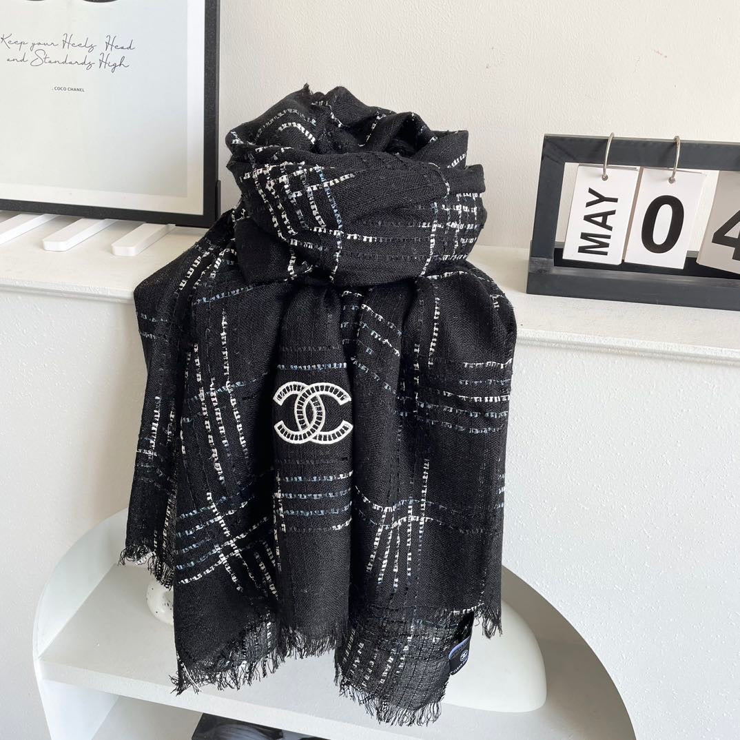 CC Plaid Long Scarf 200cm Black Cashmere 828750