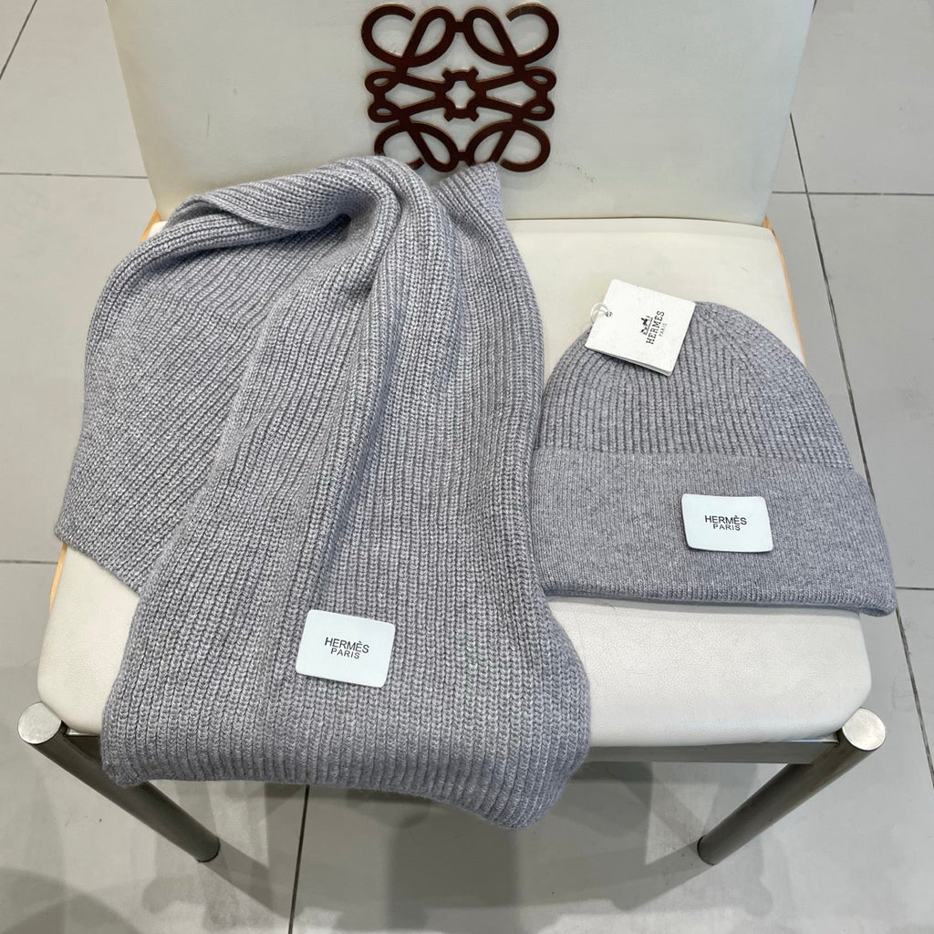 Hermes Classic Hat & Scalf Set Gray Rabbit Fur 980203