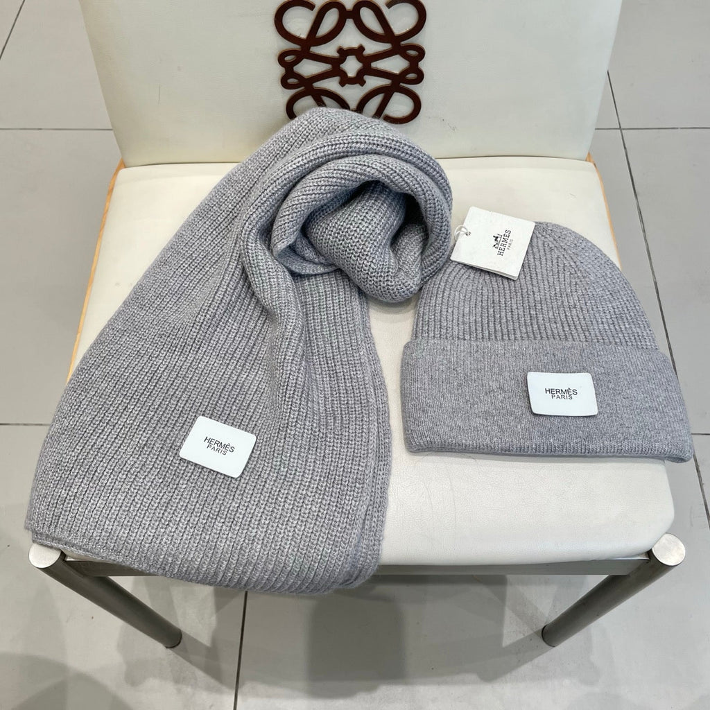 Hermes Classic Hat & Scalf Set Gray Rabbit Fur 980203