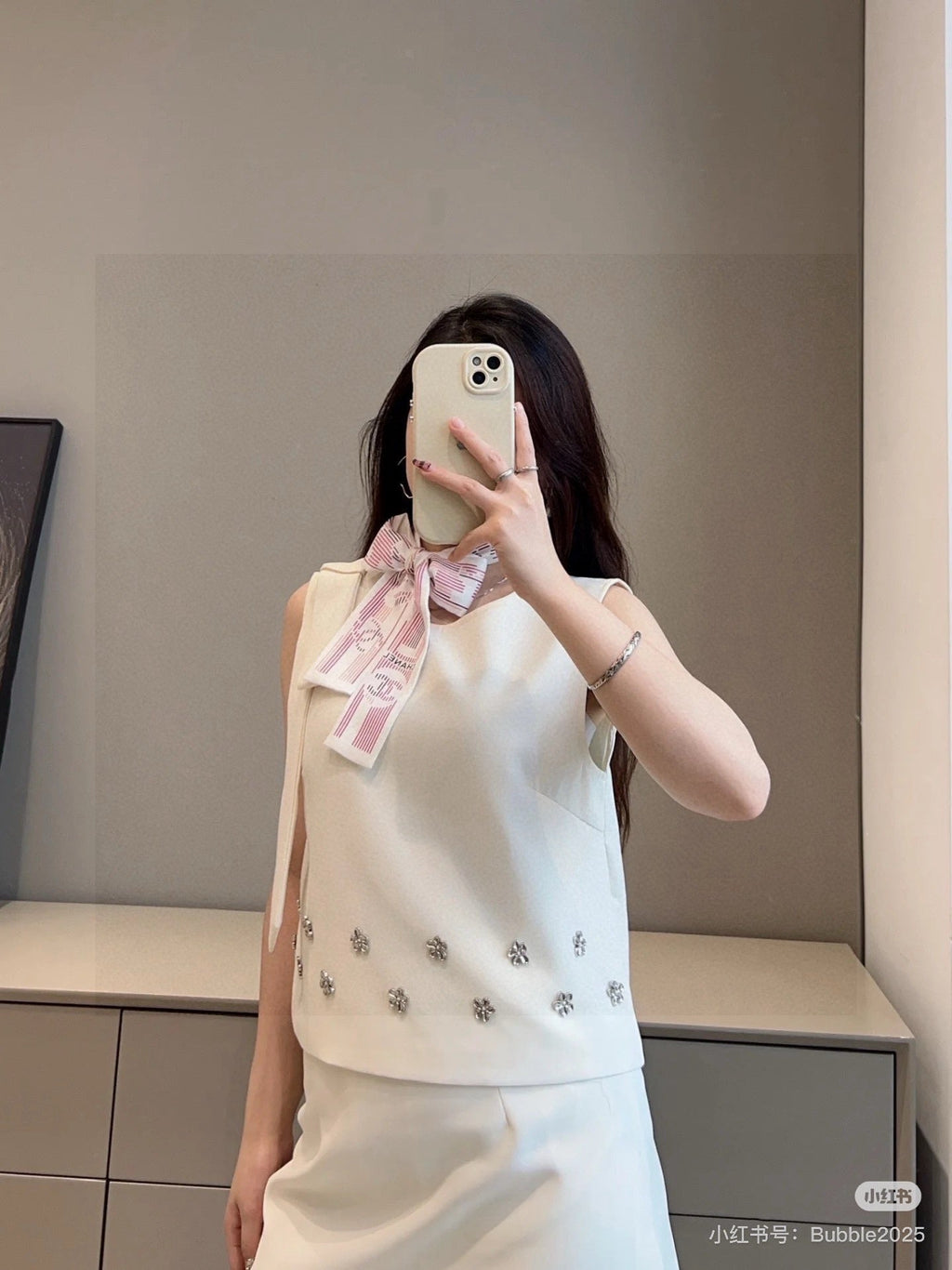 CC Twilly Mini Scarf White Pink Silk Twill 293694