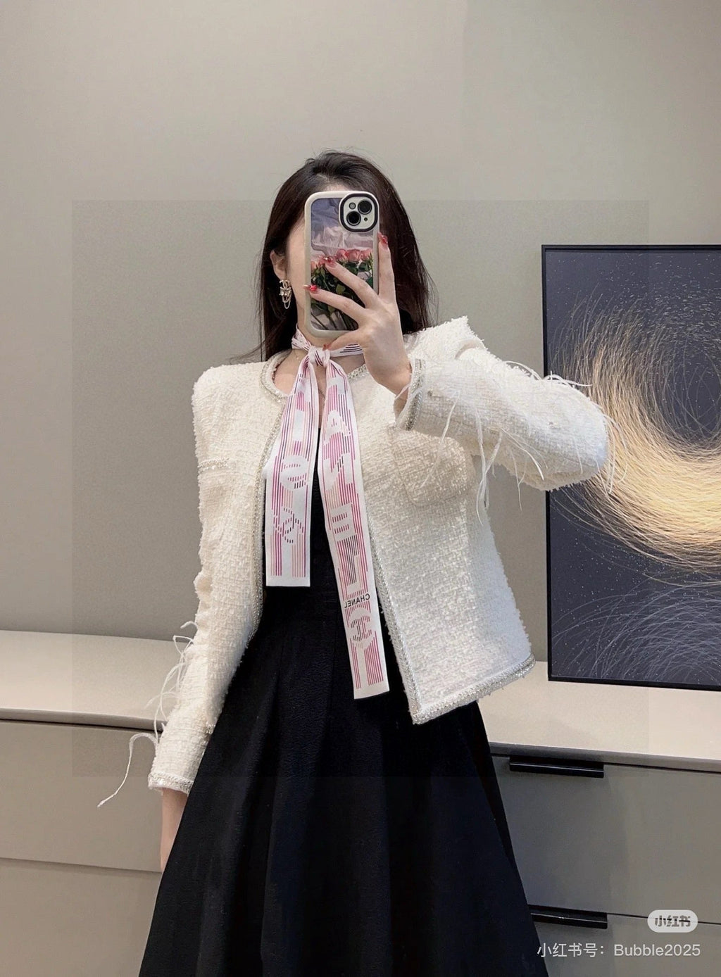 CC Twilly Mini Scarf White Pink Silk Twill 293694