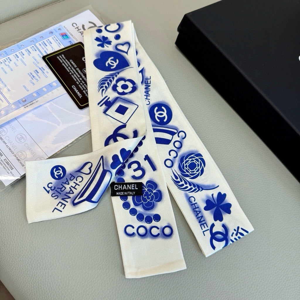 CC Twilly Mini Scarf White Blue Silk Twill 293695