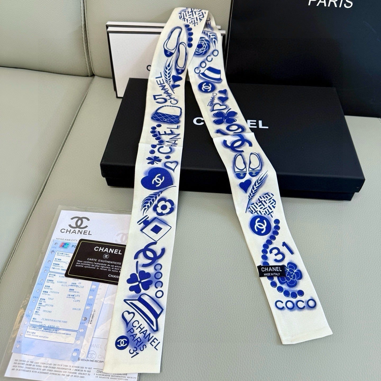 CC Twilly Mini Scarf White Blue Silk Twill 293695