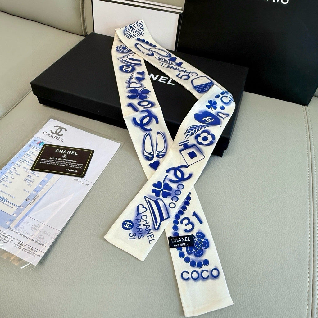 CC Twilly Mini Scarf White Blue Silk Twill 293695