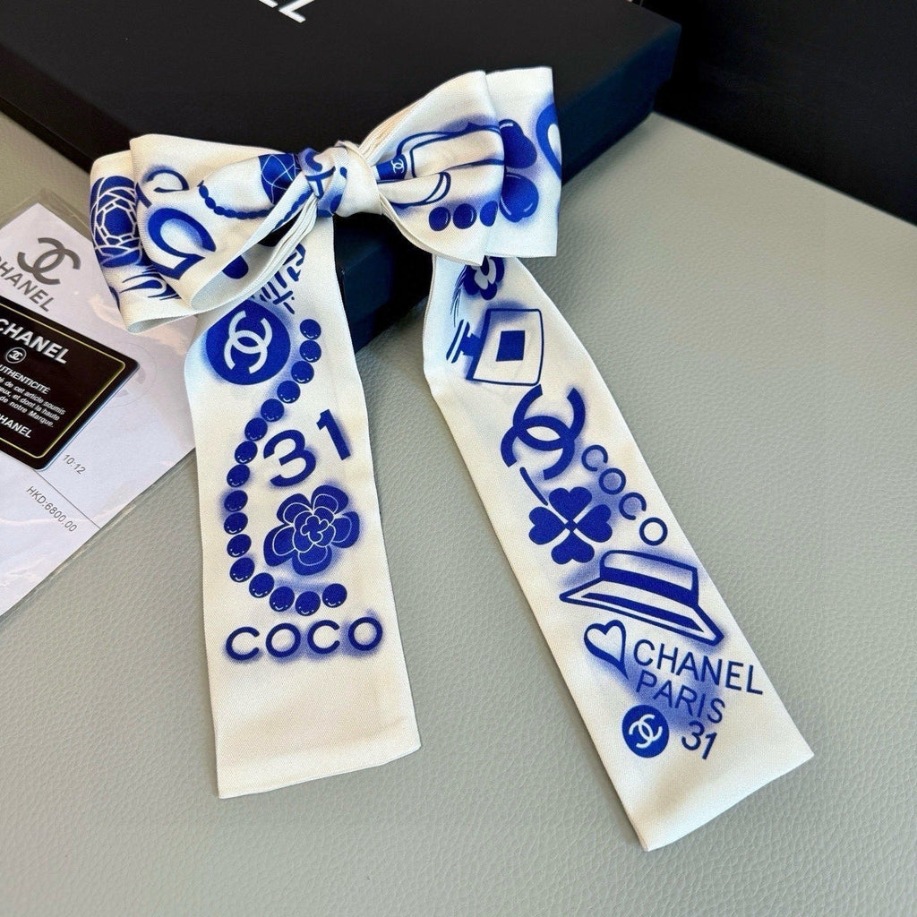CC Twilly Mini Scarf White Blue Silk Twill 293695