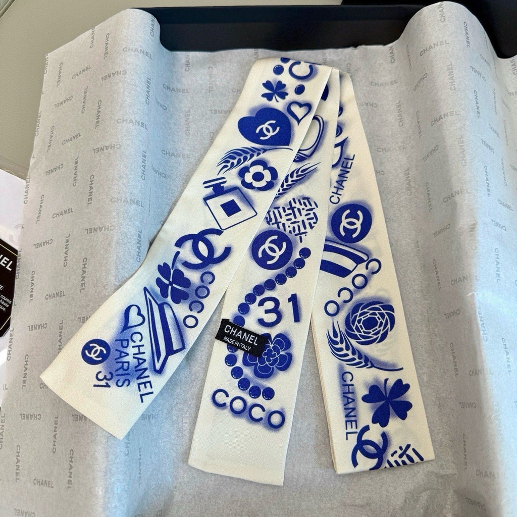 CC Twilly Mini Scarf White Blue Silk Twill 293695