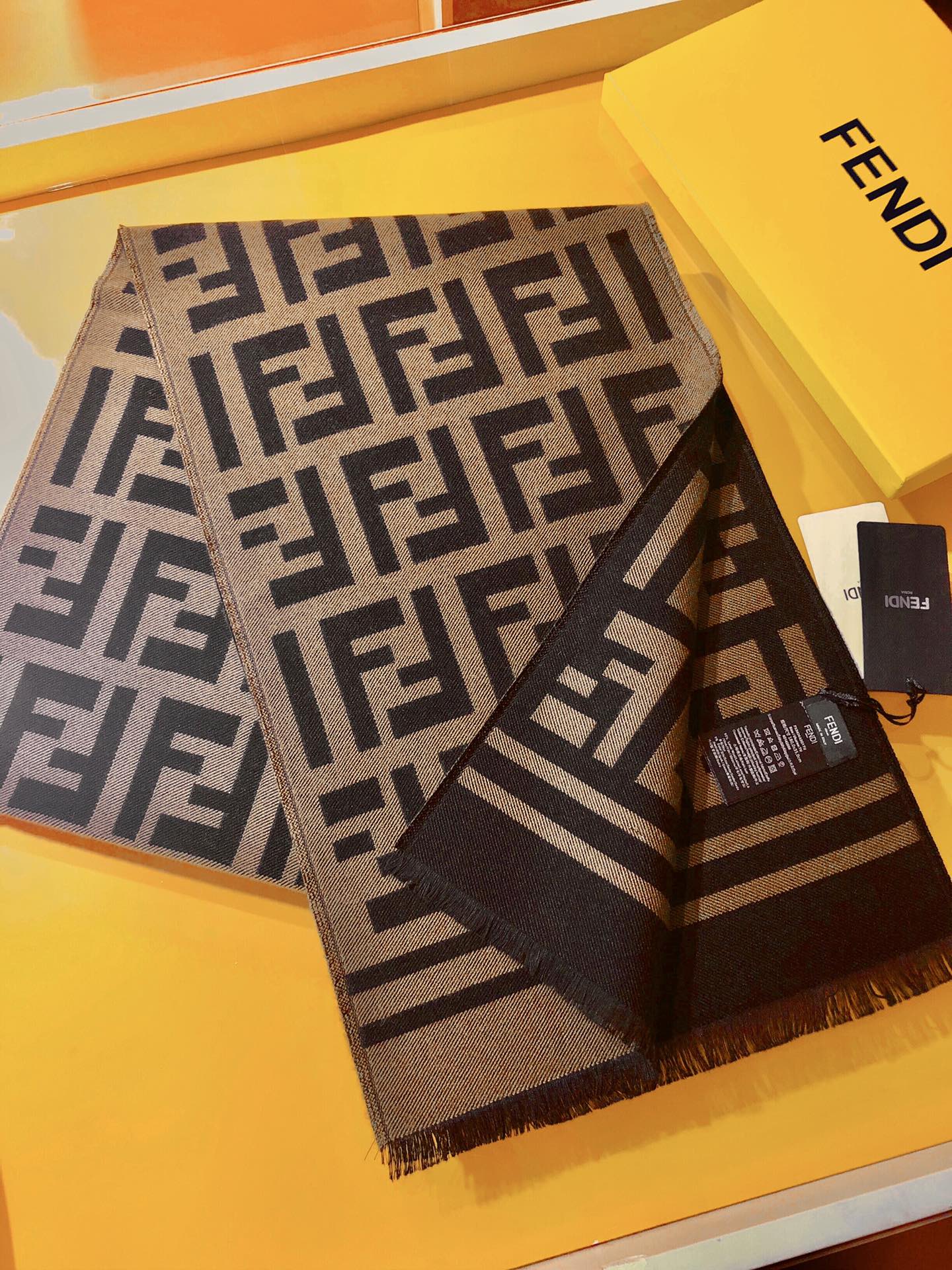 FF Jacquard 180CM Scarf Brown Wool 103256