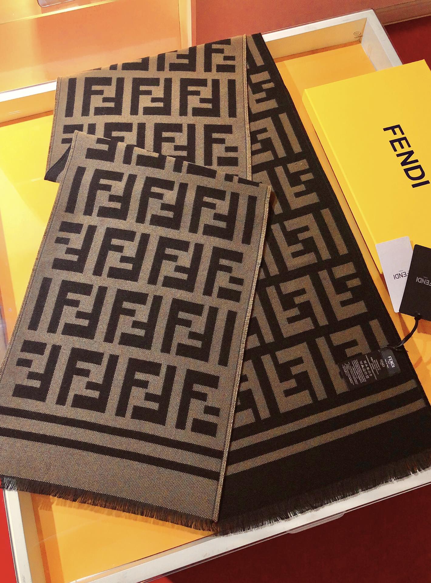 FF Jacquard 180CM Scarf Brown Wool 103256