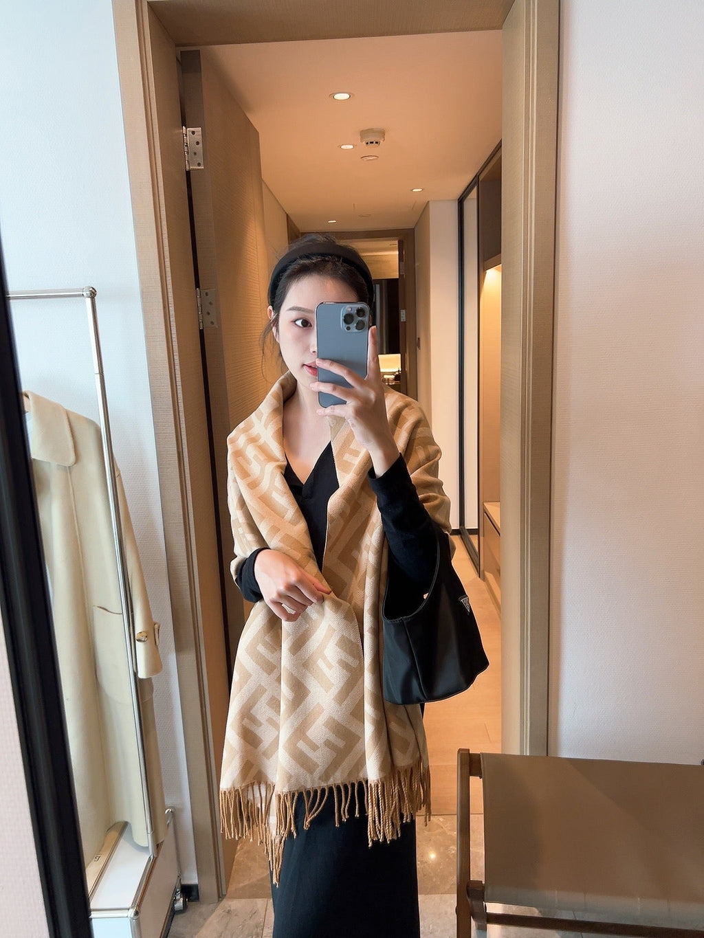 FF Jacquard 180CM Scarf Dark Beige Wool 103617
