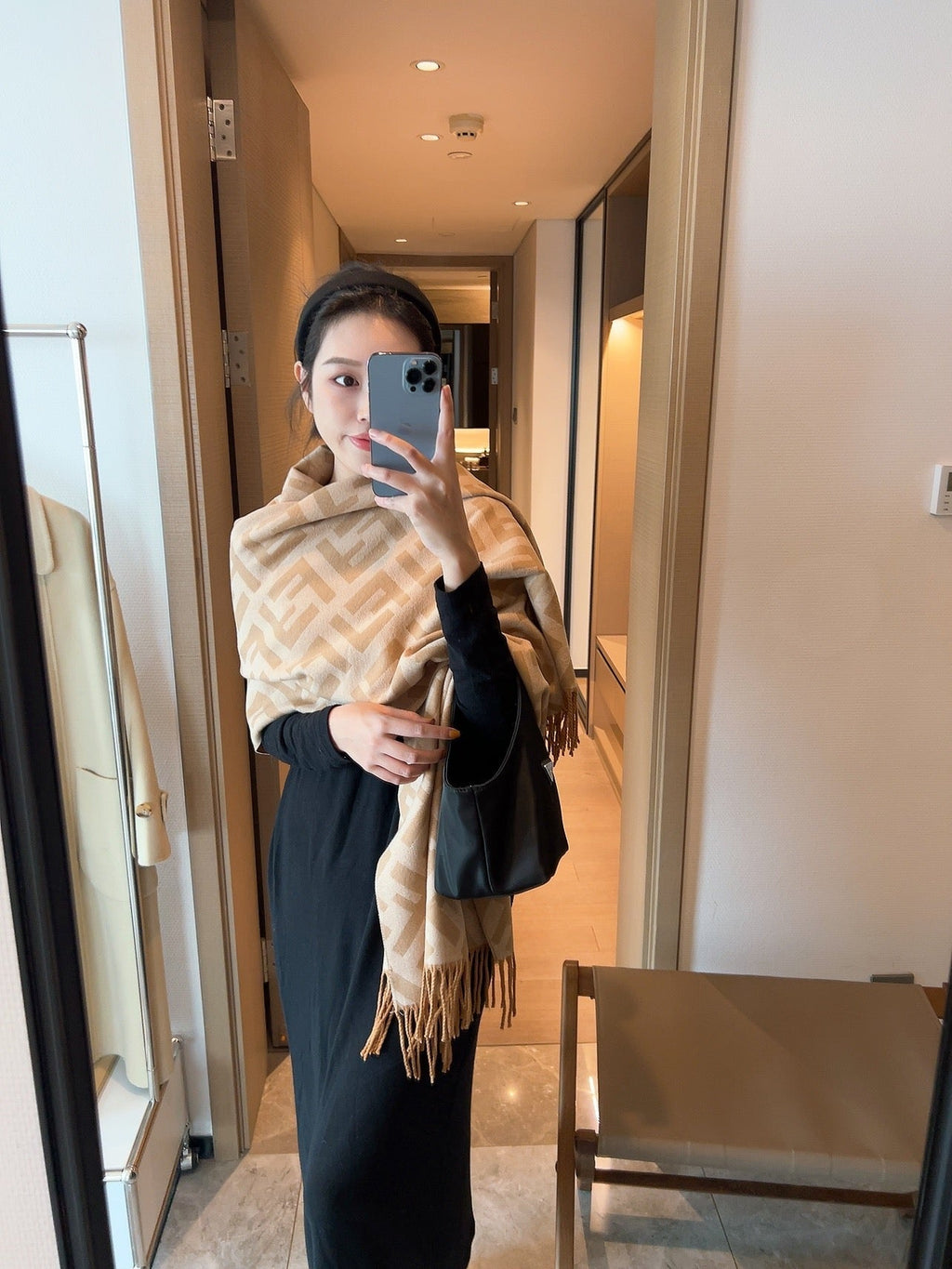 FF Jacquard 180CM Scarf Dark Beige Wool 103617