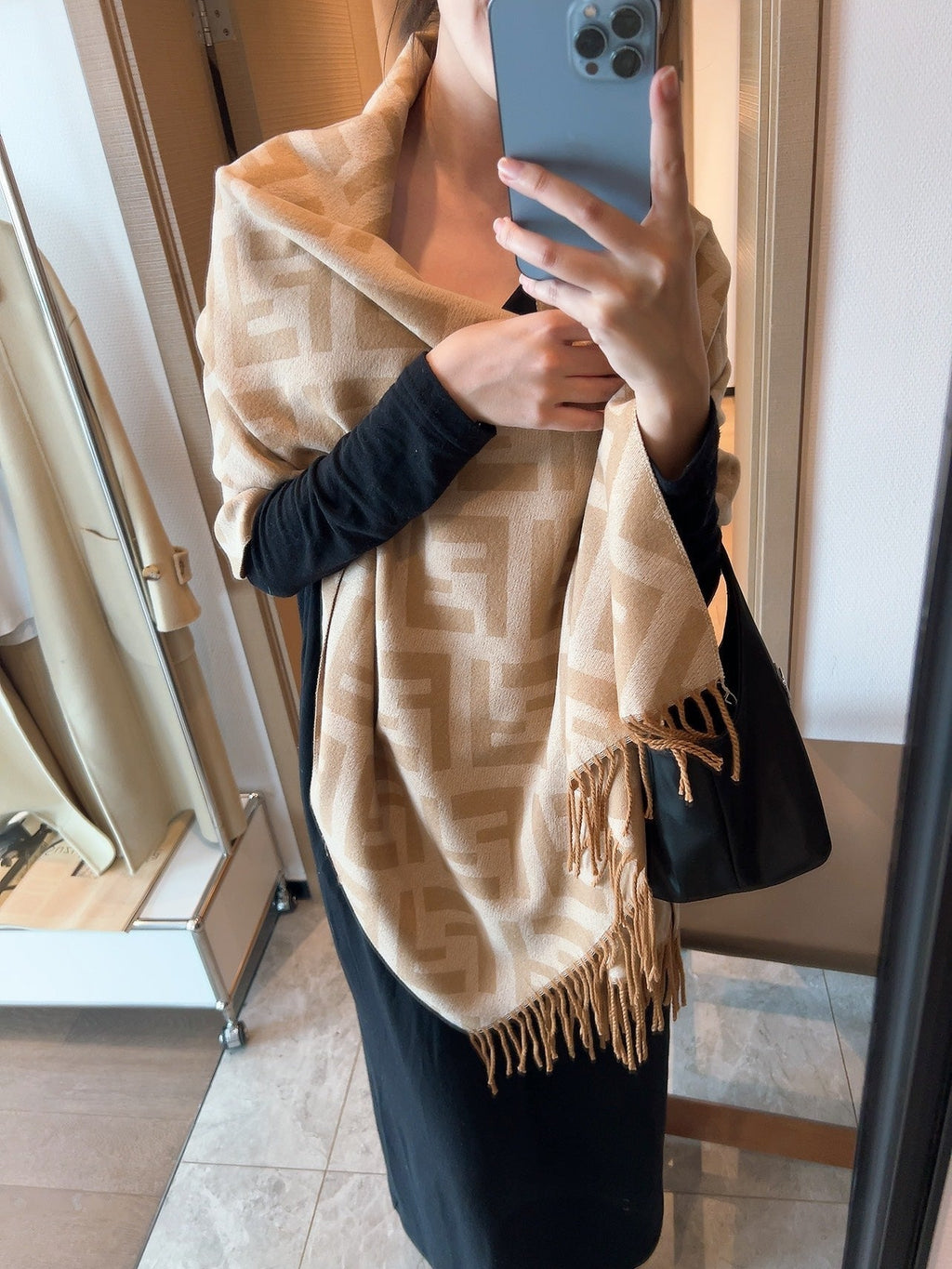 FF Jacquard 180CM Scarf Dark Beige Wool 103617