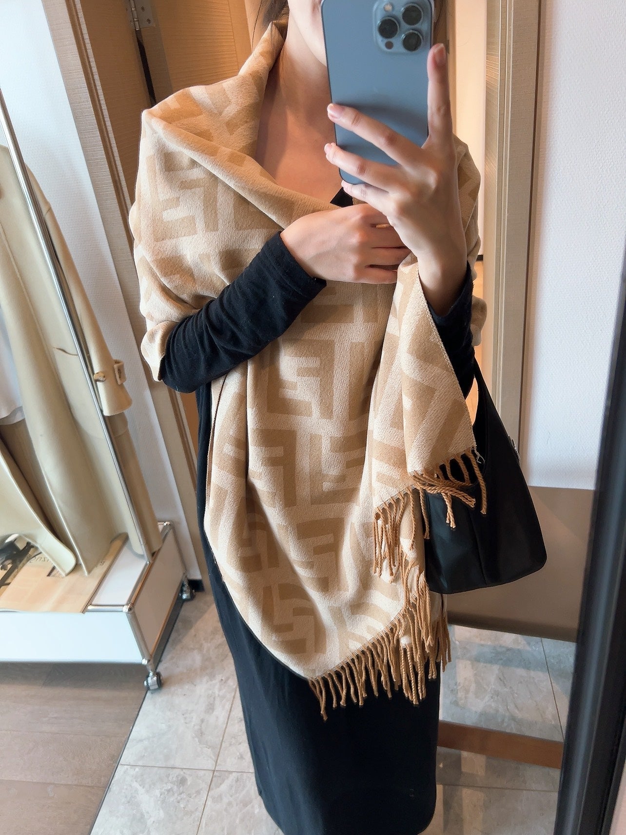 FF Jacquard 180CM Scarf Dark Beige Wool 103617