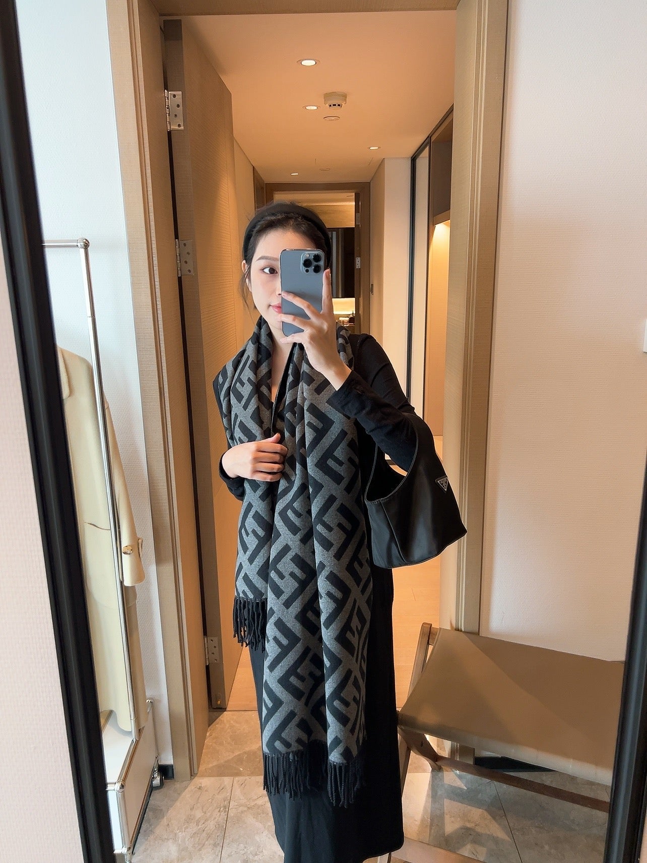 FF Jacquard 180CM Scarf Black Gray Wool