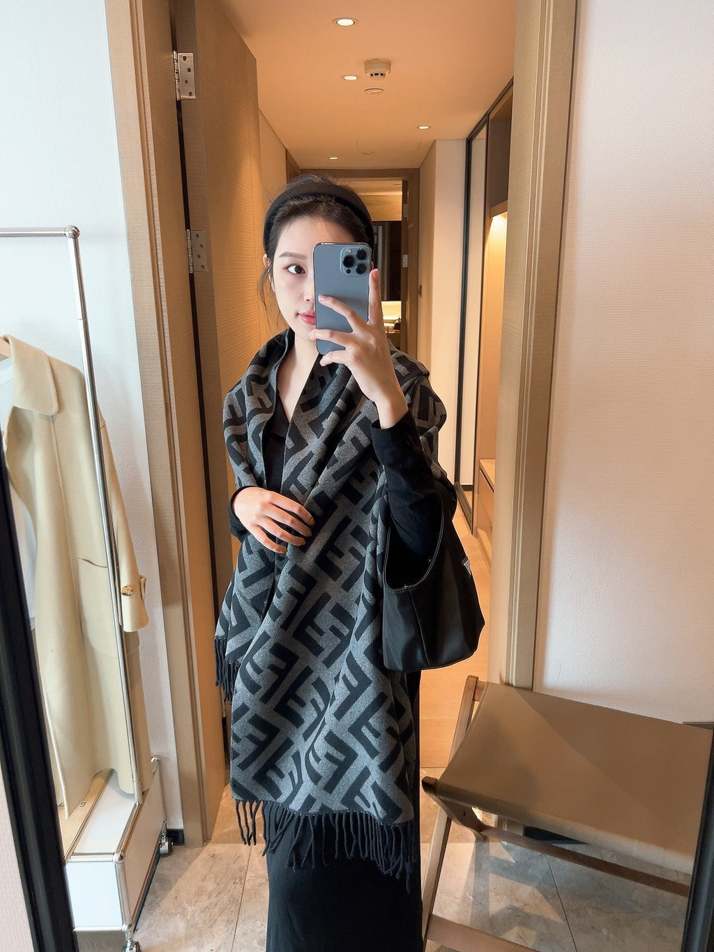 FF Jacquard 180CM Scarf Black Gray Wool