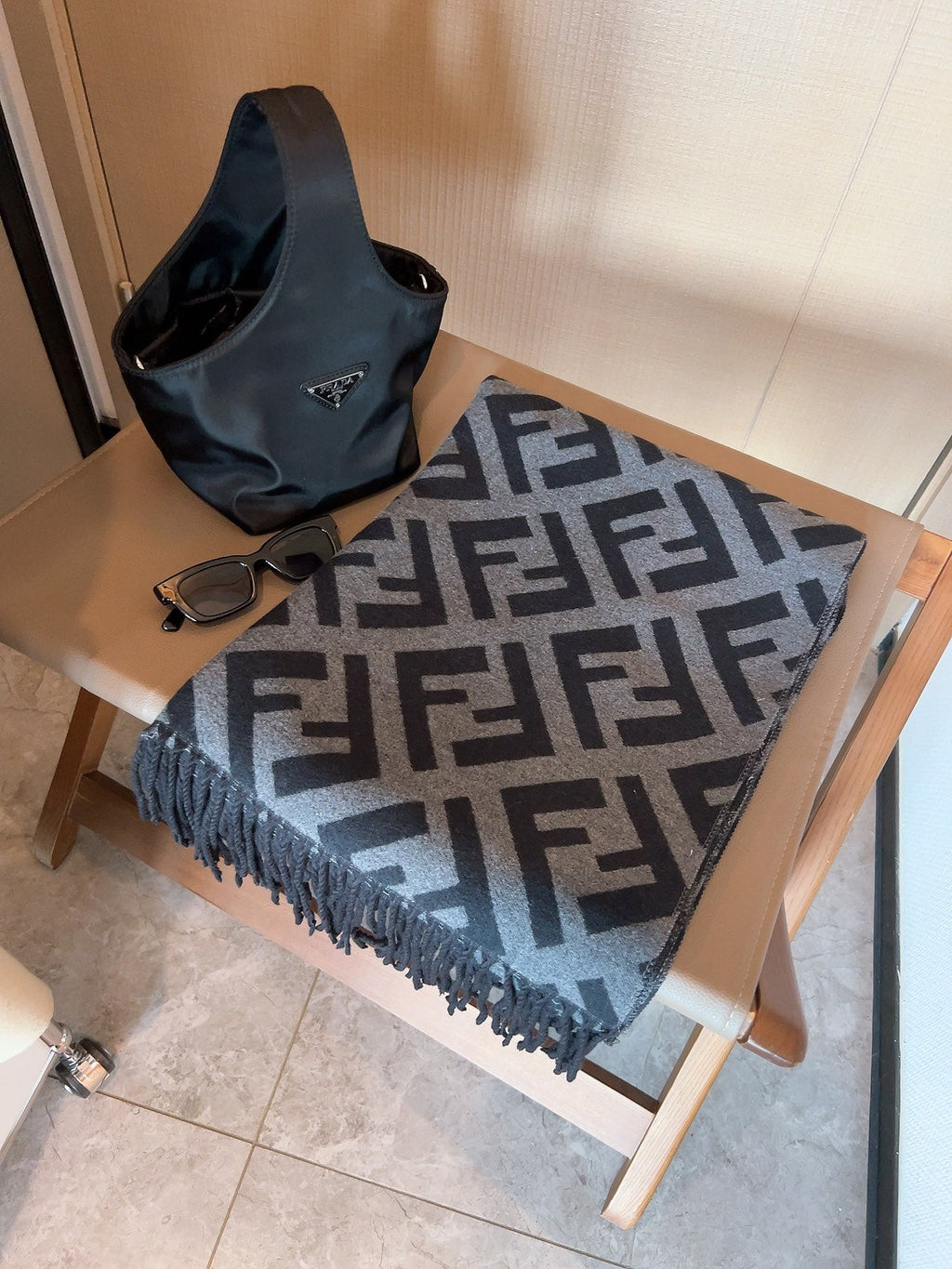 FF Jacquard 180CM Scarf Black Gray Wool