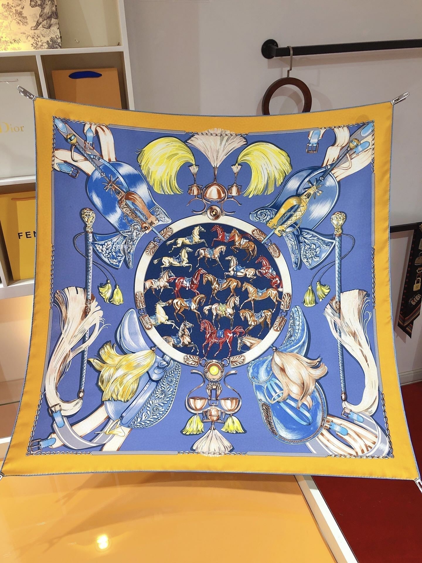 Cavalcades Scarf 90 CM In Blue Yellow Colorful Silk Twill 288859