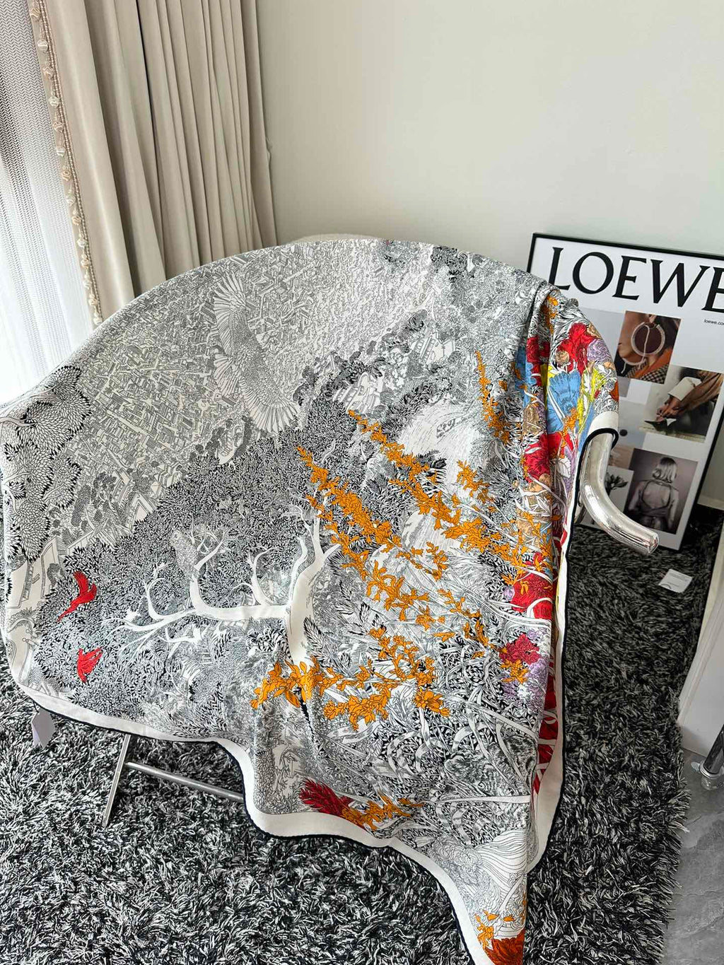 Retour A La Nature Shawl 140 CM White Black Colorful Silk