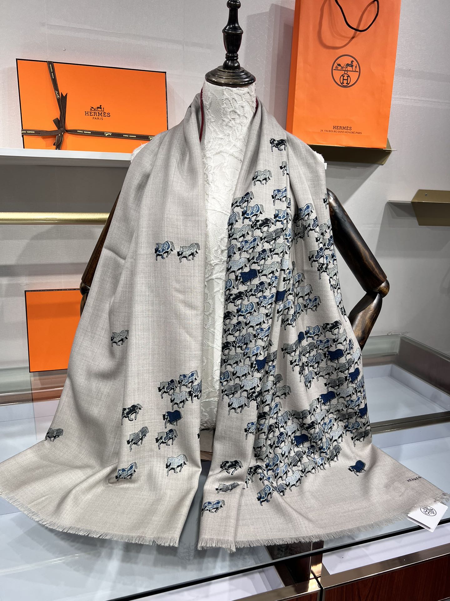 Hermes velvet scarf 185 CM Rice Gray Cotton Fabric