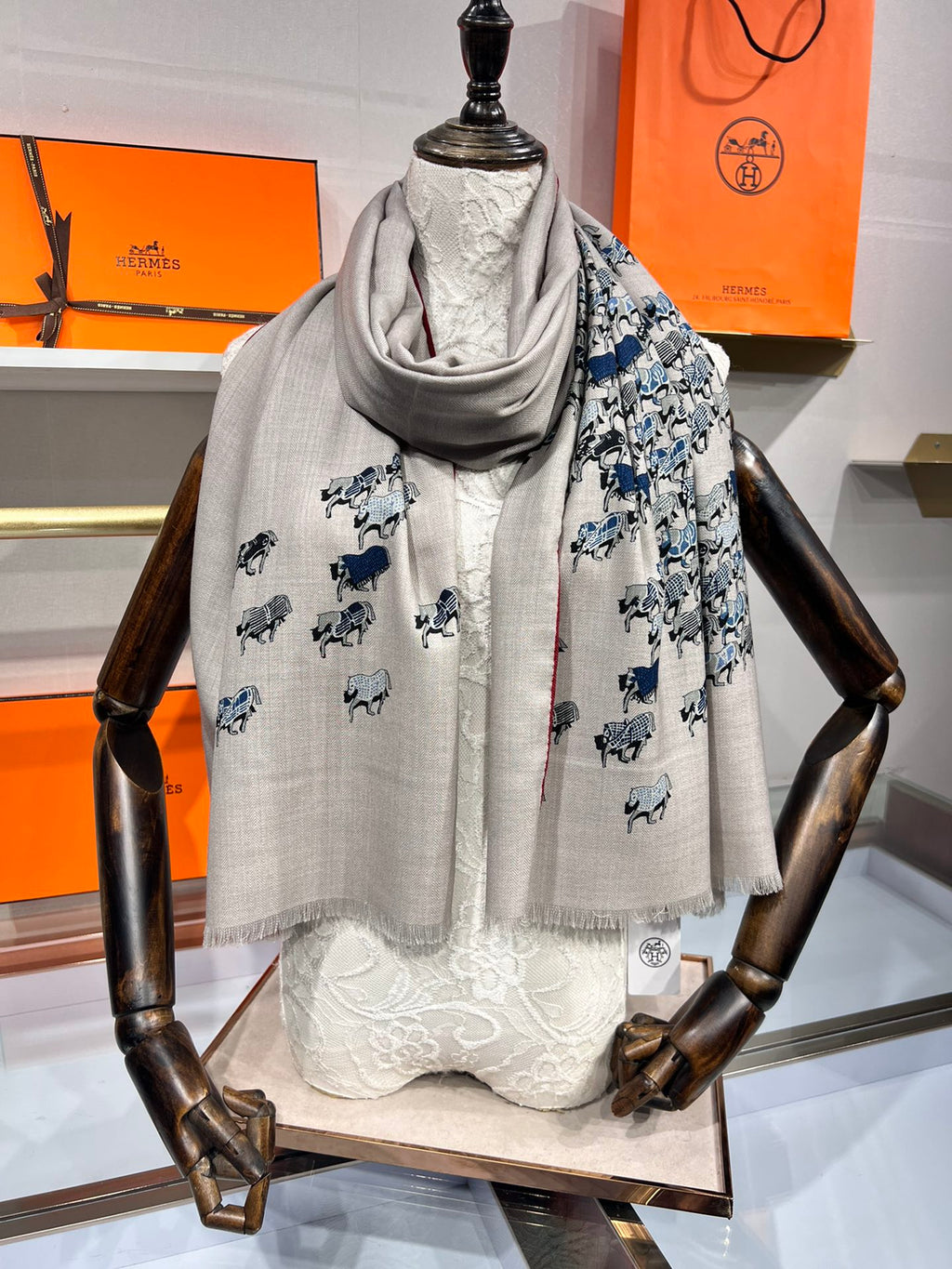 Hermes velvet scarf 185 CM Rice Gray Cotton Fabric