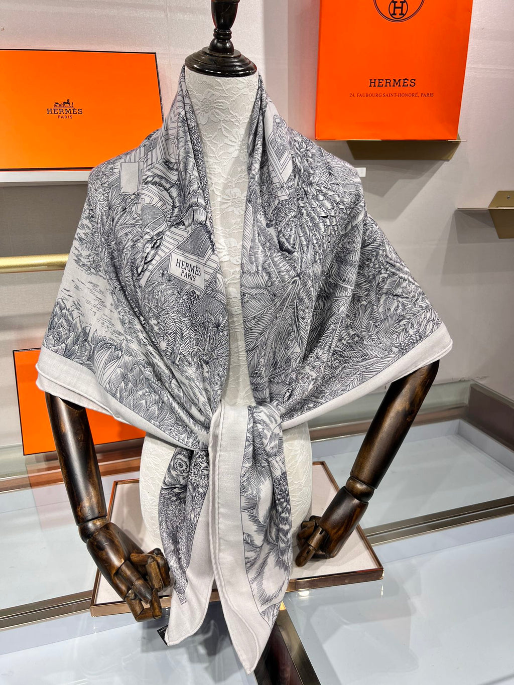 Scarf 135 CM Grey White Cashmere And Silk