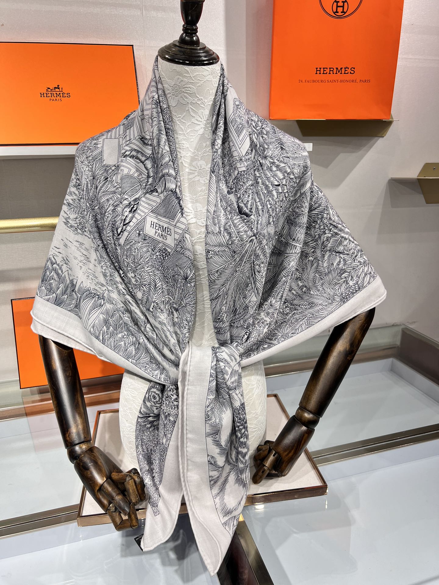 Scarf 135 CM Grey White Cashmere And Silk