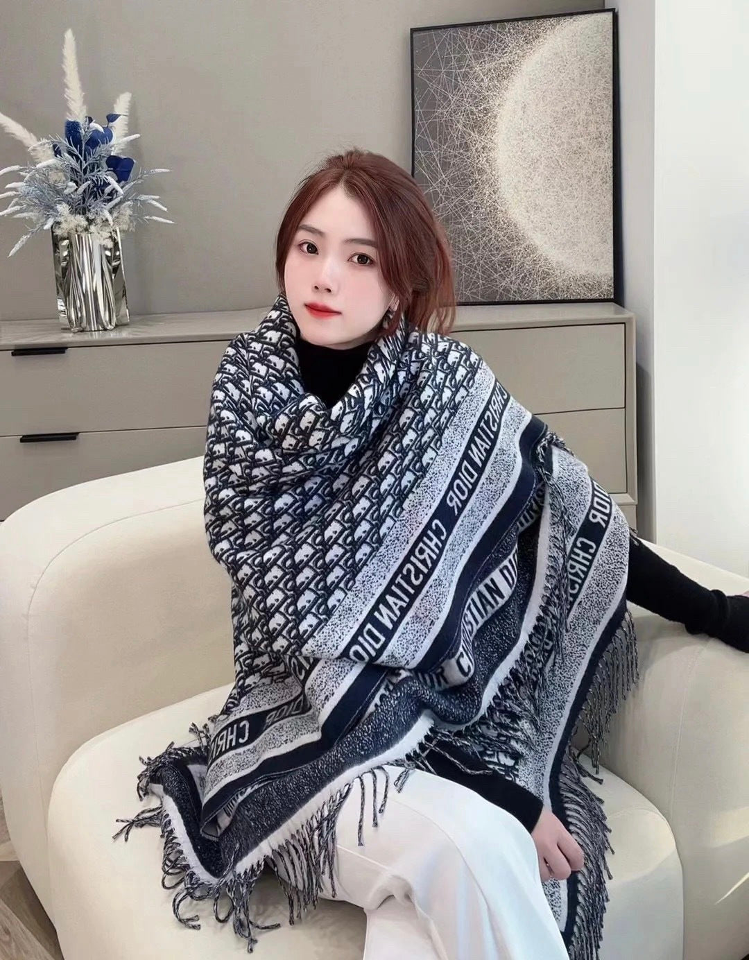 CD Jacquard Logo Scarf 140CM Dark Blue Wool Cashmere 293334