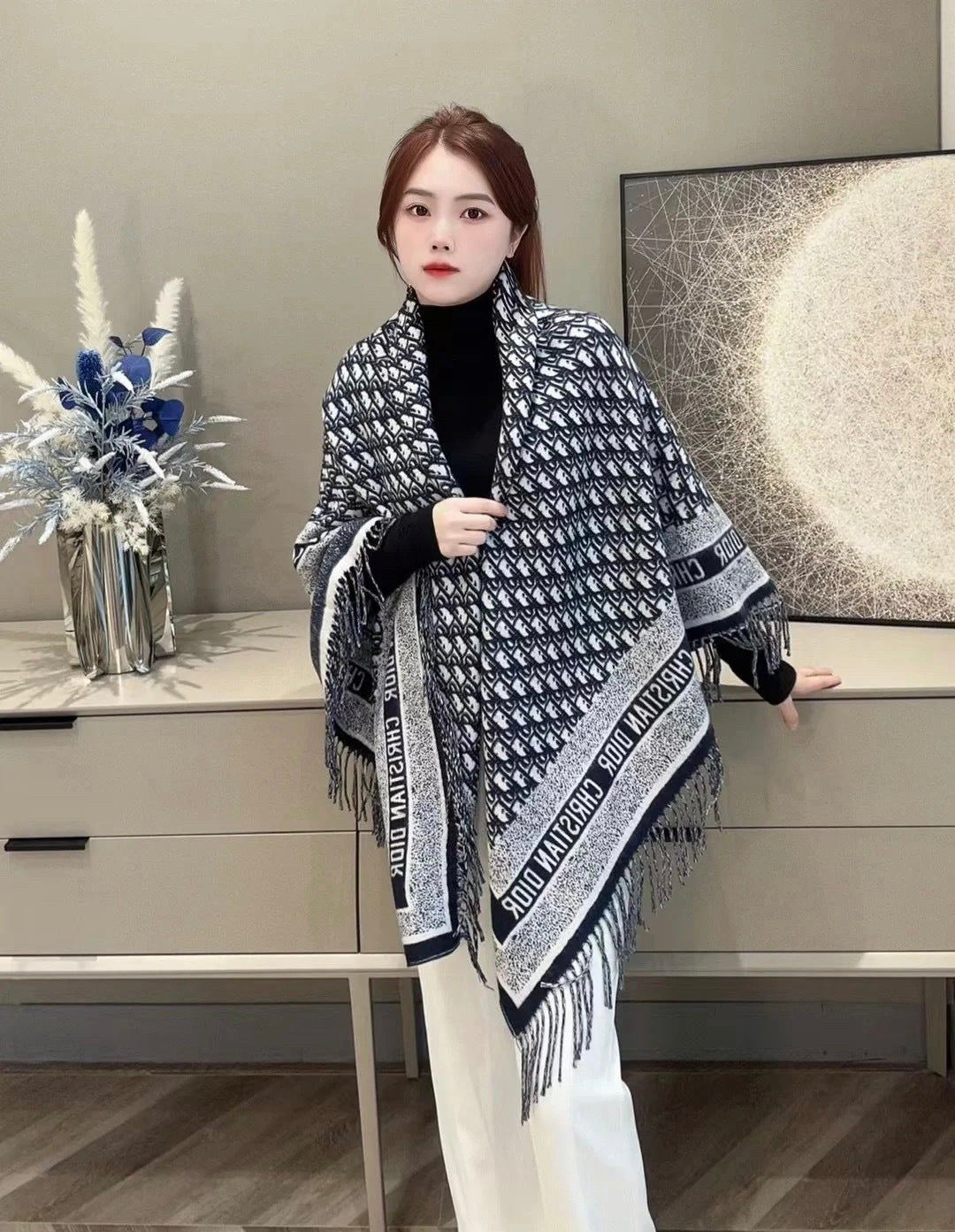CD Jacquard Logo Scarf 140CM Dark Blue Wool Cashmere 293334