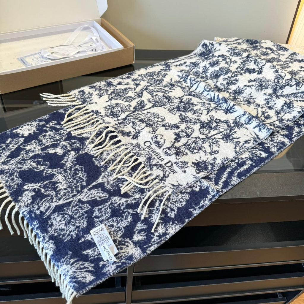CD Embroidery Scarf 200CM Blue Wool Cashmere 293450