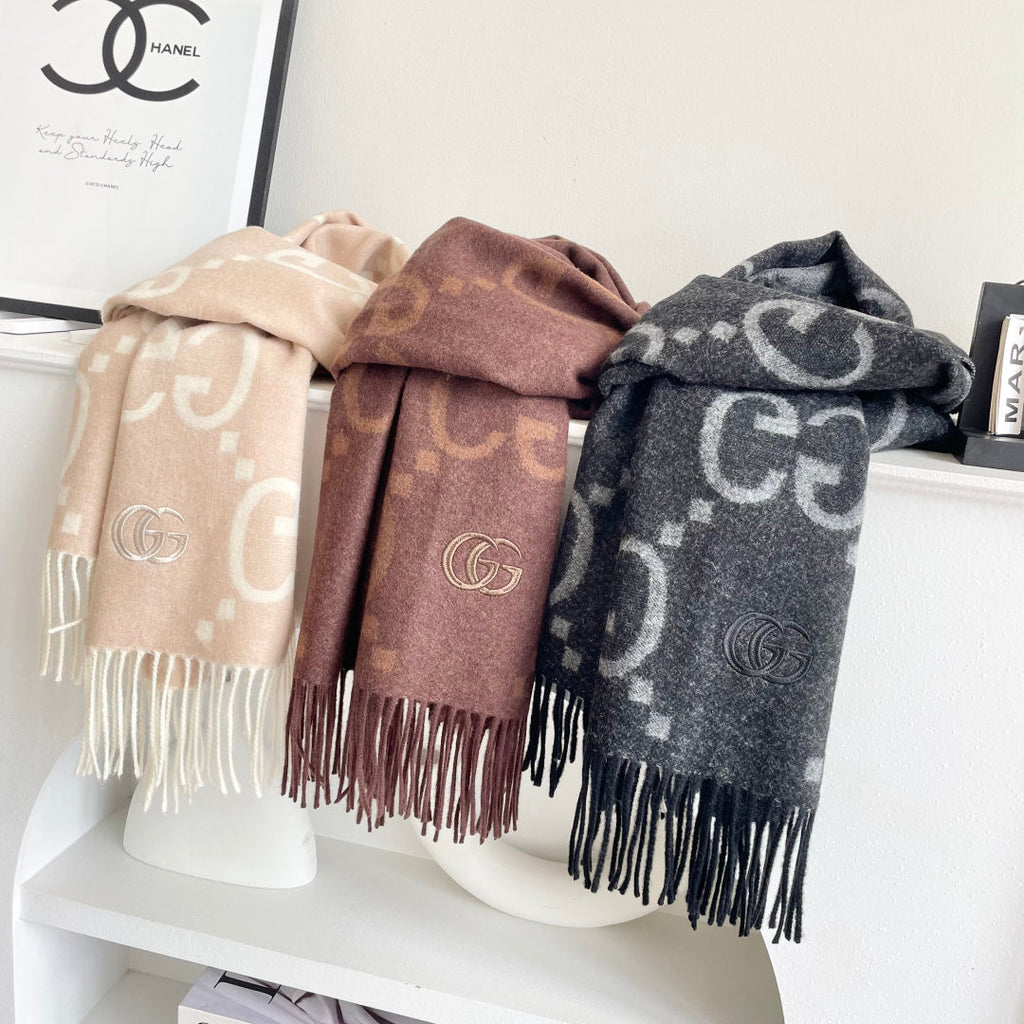 GG Houndstooth Scarf 180CM Brown Cashmere 288179