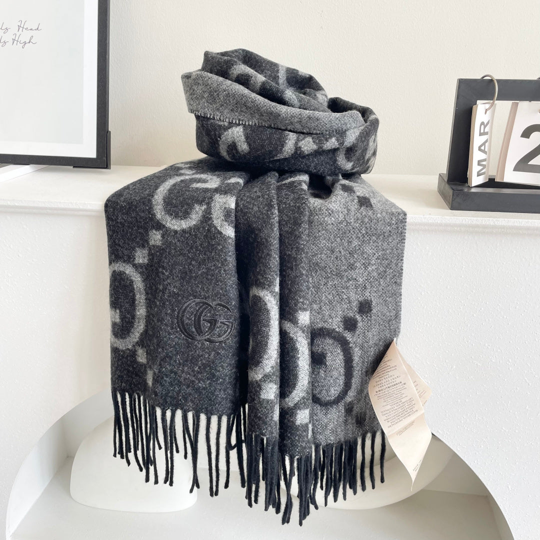 GG Houndstooth Scarf 180CM Black Cashmere 288178
